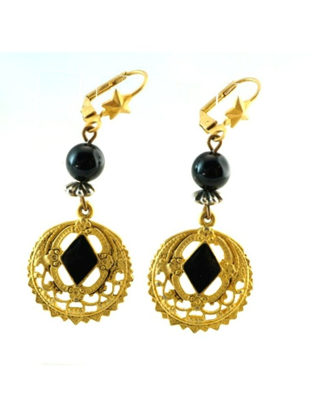 Vintage Gold Tone Filigree Dangle Earrings Black Bead Rhinestone Leverback